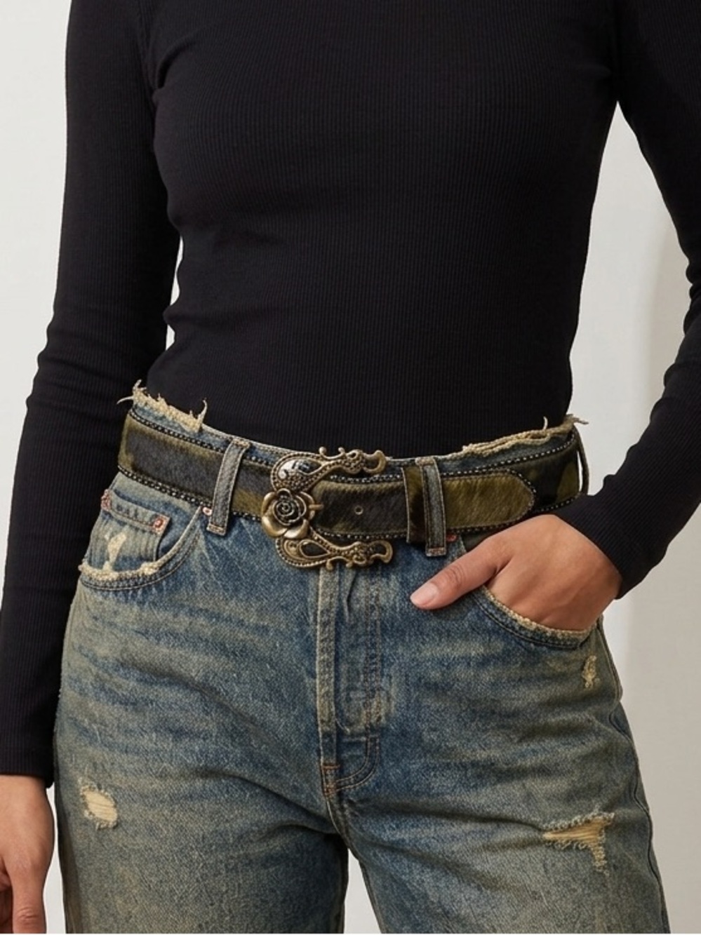 Betsey Johnson Camo Calf Hair Belt Brass Rose Buckle Vintage Rocker Y2K